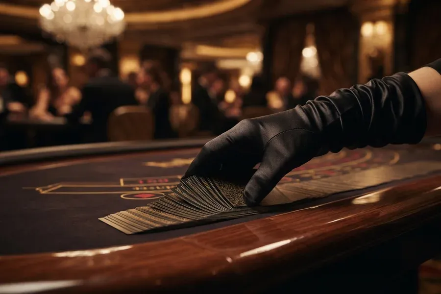 Crupier con guante negro extiende una baraja sobre la mesa de un casino